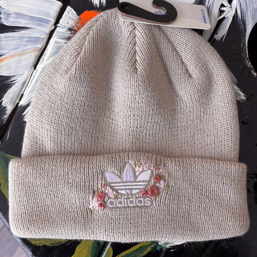 Adidas Tan Knit Beanie with Floral Embroidery